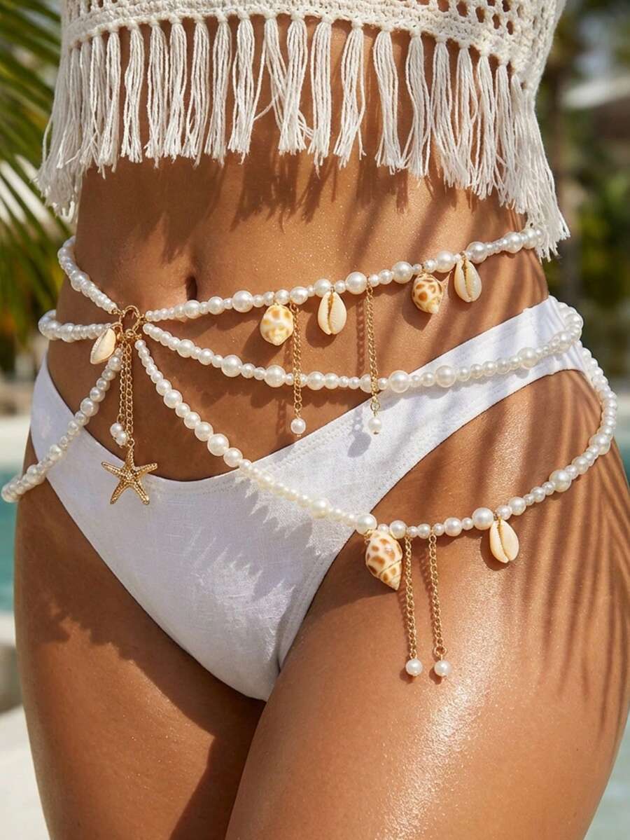 Body Chain Jewelry - Three-layer beaded waist chain with pearls