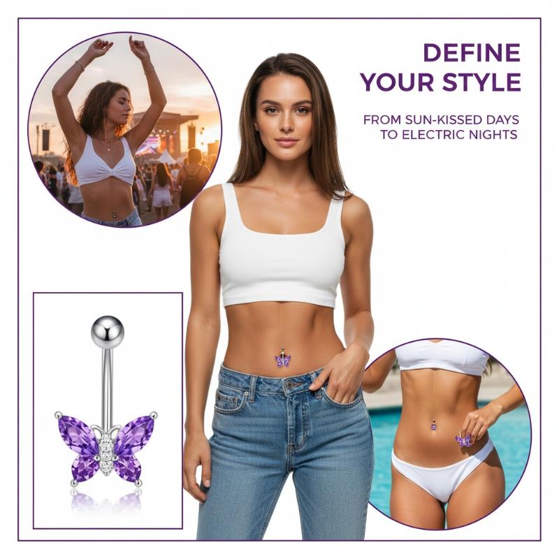 1Pcs Purple Zircon Dangle Bell - Body Jewelry Titanium บทวิจารณ์และราคา
